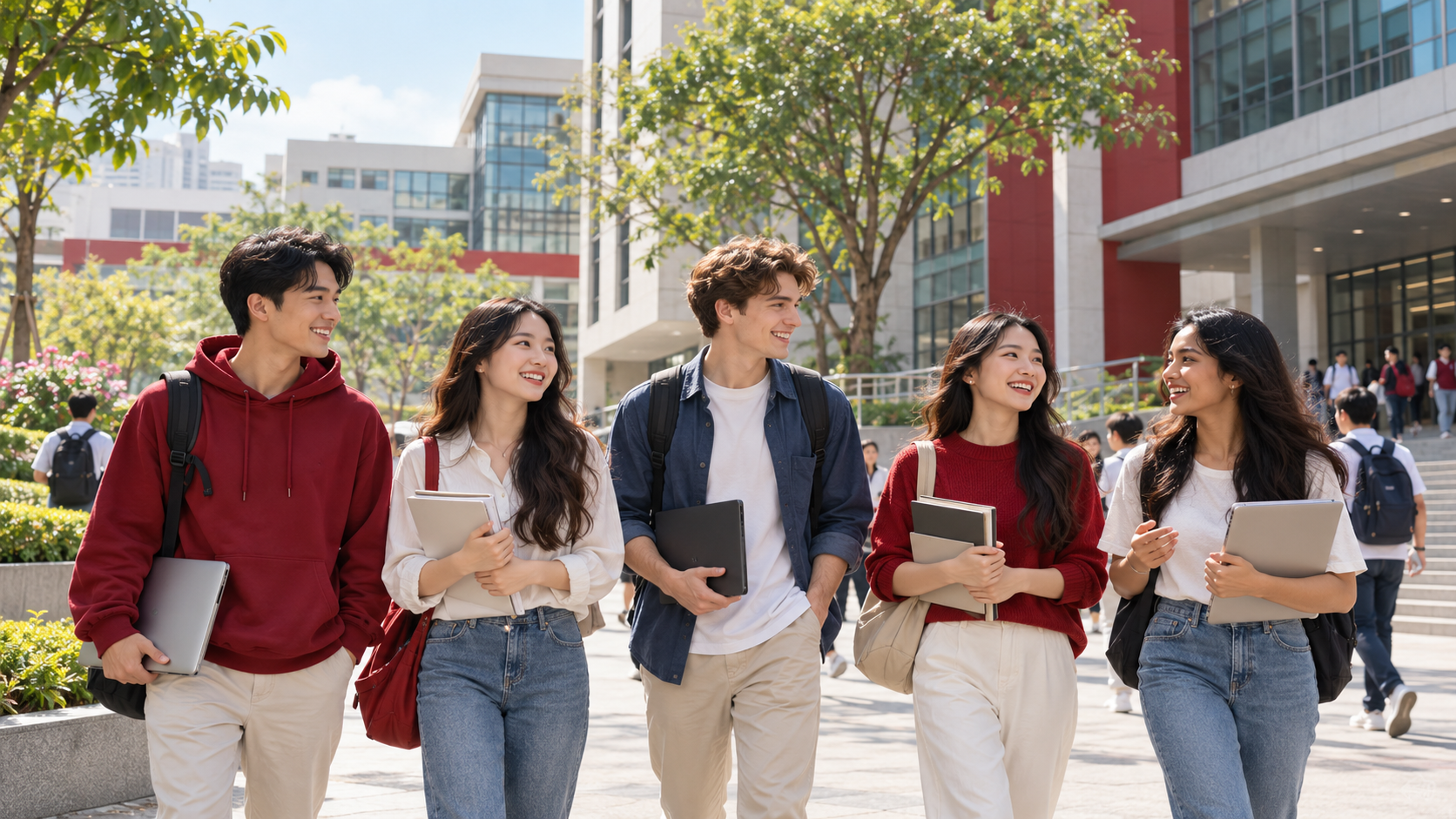International students walking through a modern university campus for the Foreign Trade University Scholarship