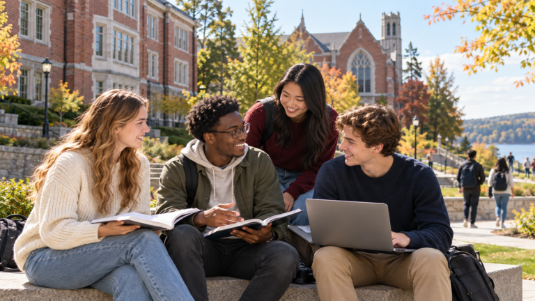 Diverse undergraduate students studying on a Canadian university campus in Ontario