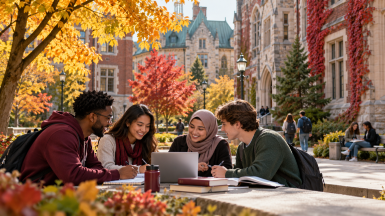 Diverse university students studying together on an Ottawa campus