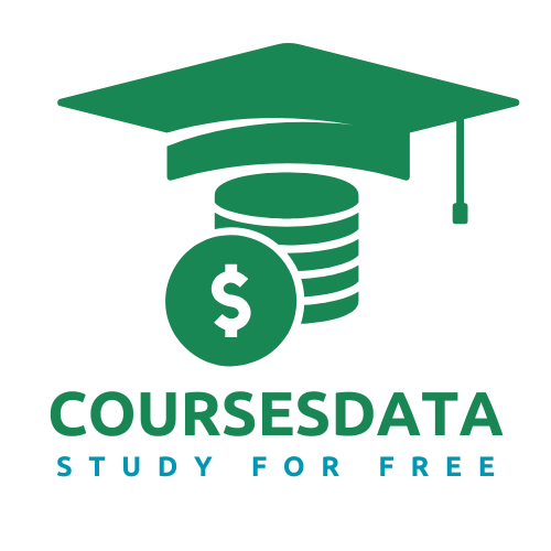 Graduation cap logo design Stacked coins symbol Dollar sign icon Text: CoursesData Tagline: Study for Free