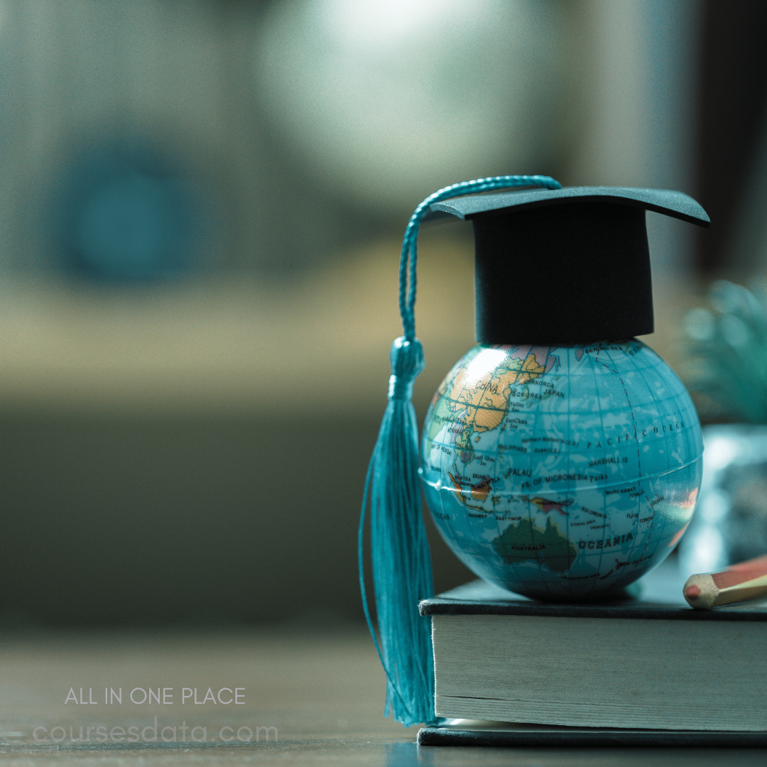 Graduation cap on globe. Stack of books below. Bright blue tassel detail. Background features soft textures. Educational theme emphasized.