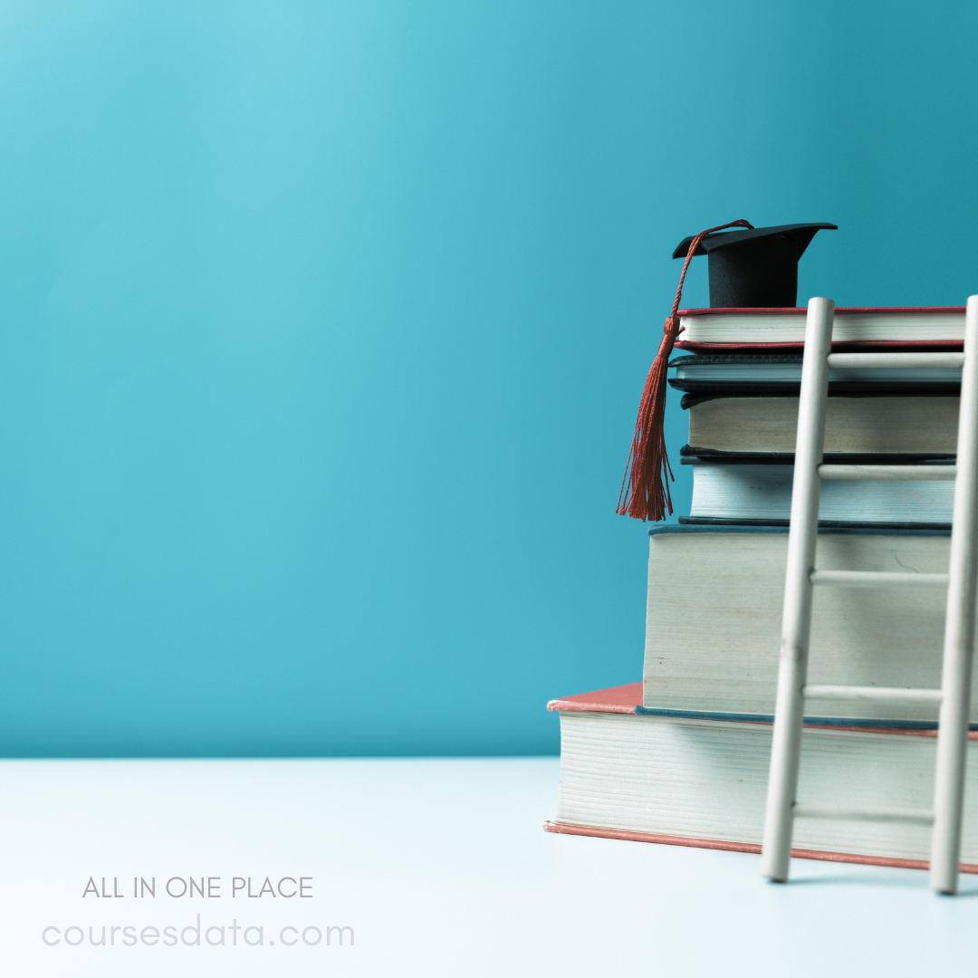 Graduation cap on stacked books. Wooden ladder leaning against books. Bright turquoise background. Text: "All in one place." Website: coursesdata.com.