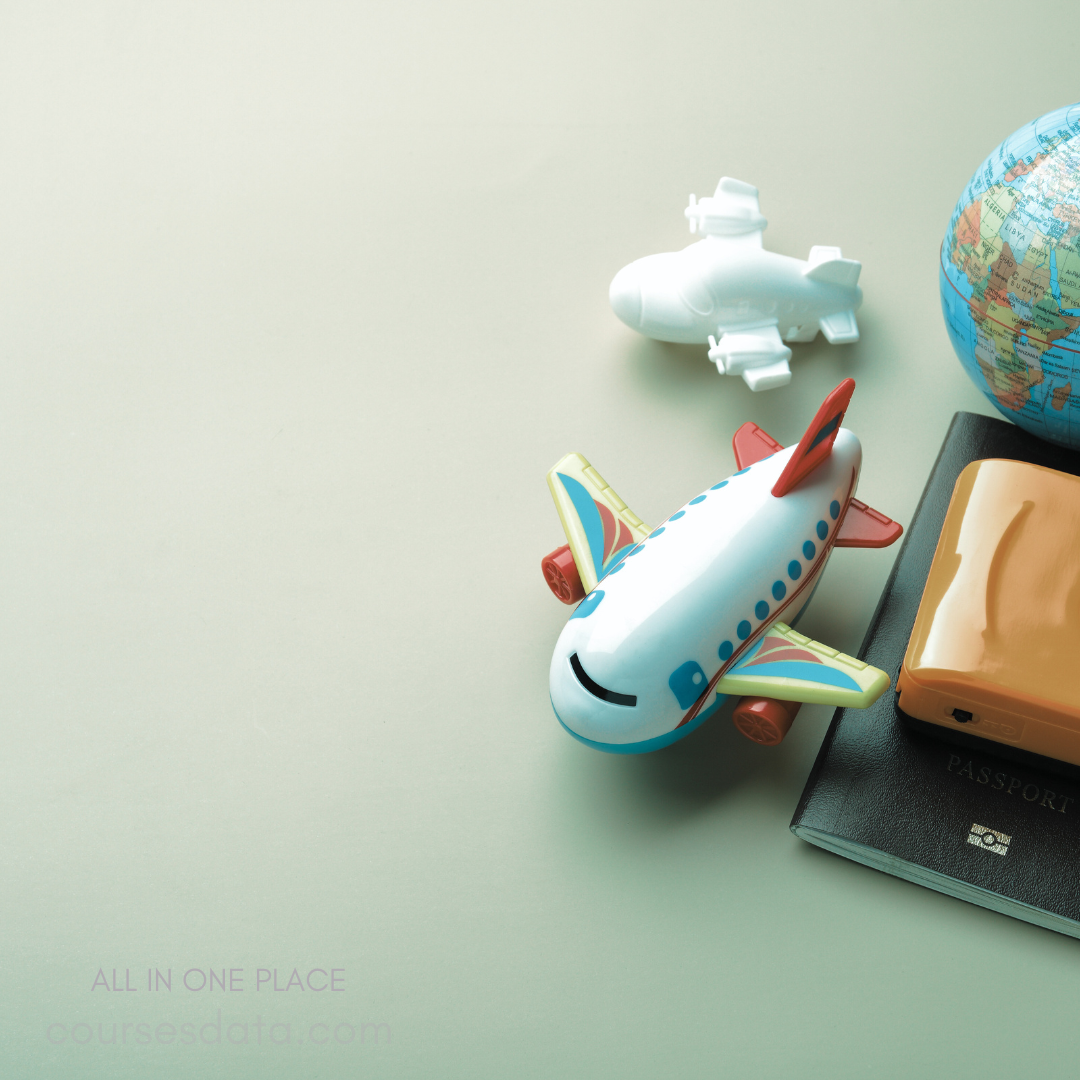 Colorful toy airplane, globe, passport.