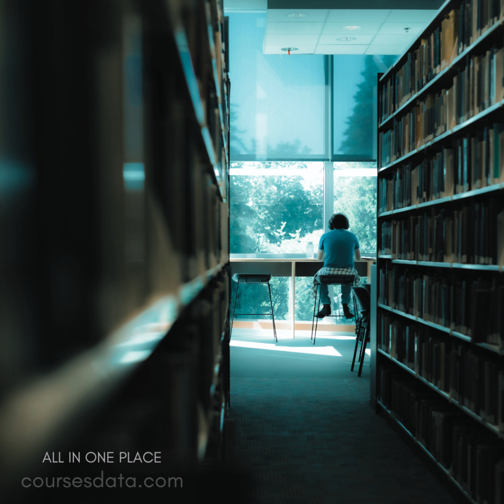 Person sitting at table. Bookshelves lining hallway. Large window with view. Bright, airy library atmosphere. Calm studying environment.