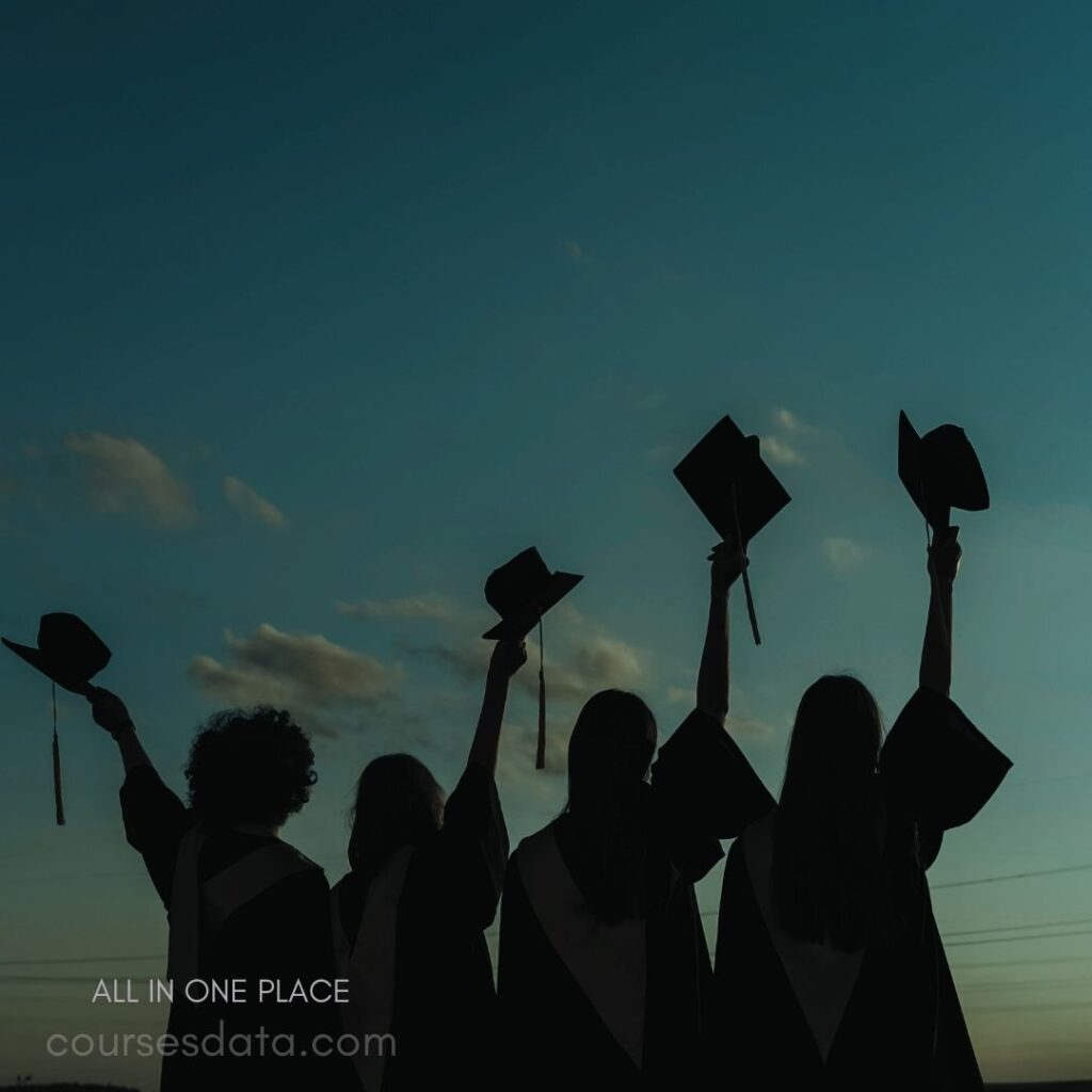 Graduates celebrating at sunset. Caps raised triumphantly. Silhouettes against colorful sky. Joyful graduation moment.