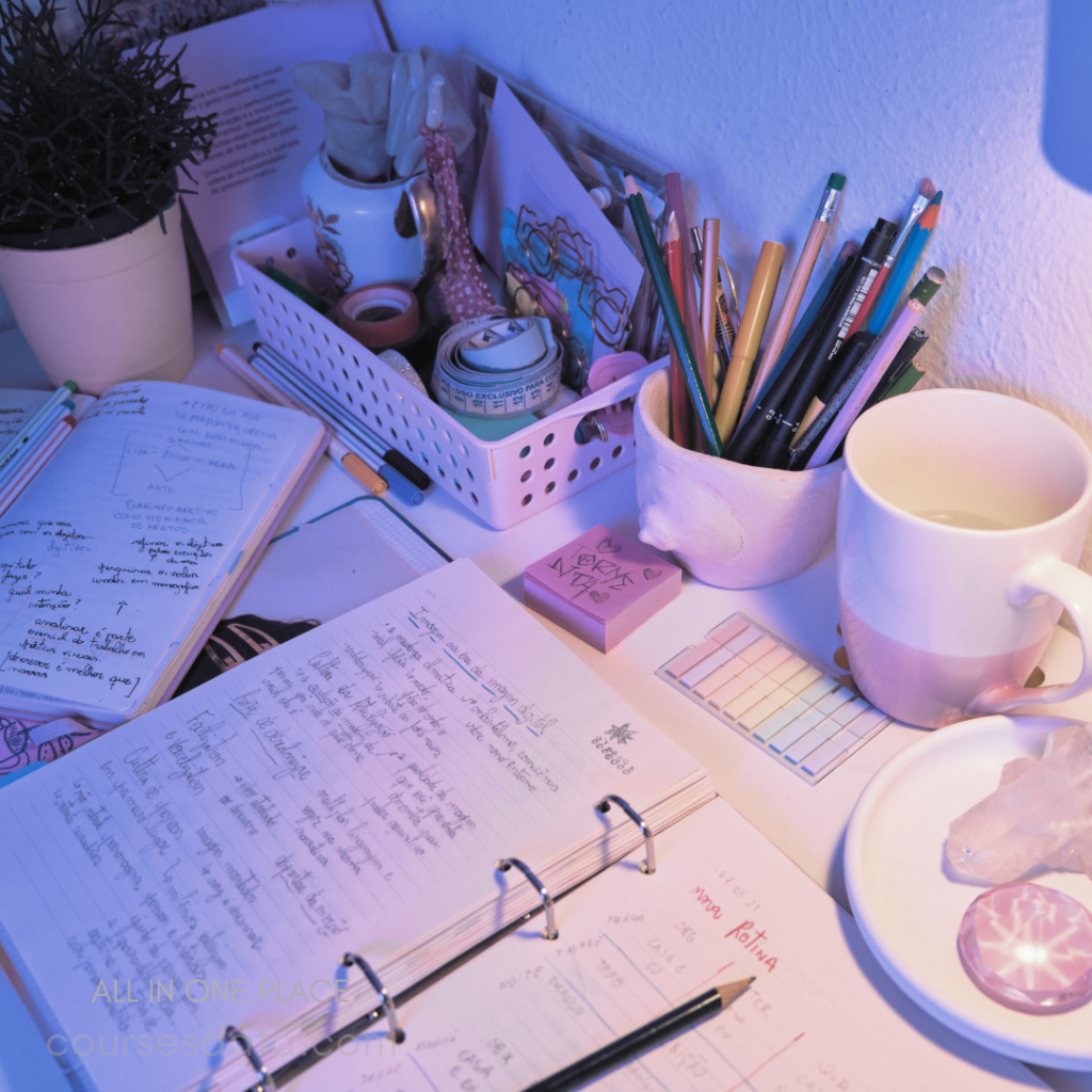 Desk with notebooks open. Colorful pens in a cup. Sticky notes and tape. Plant adds greenery. Cup with drink on surface.