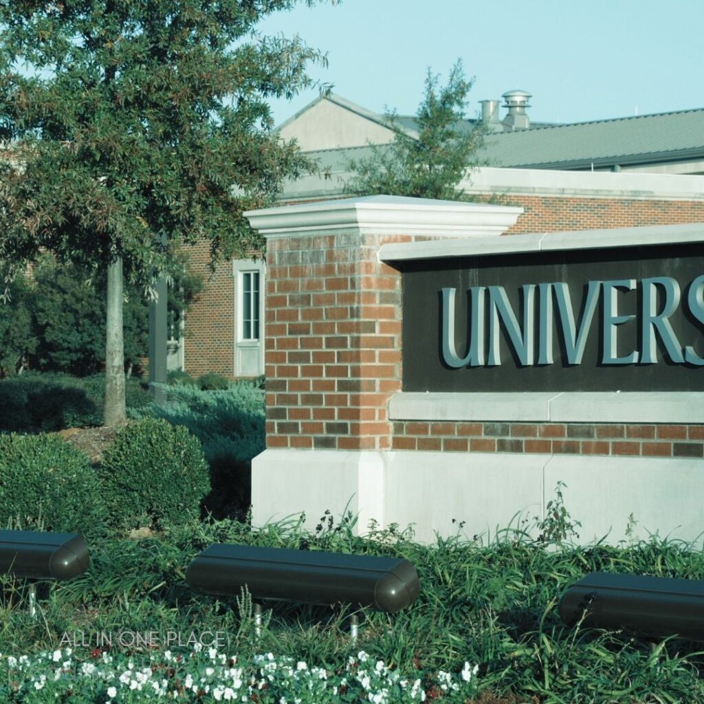 Brick university sign visible. Surrounded by greenery. Clear blue sky background. Landscape with flowering plants. Modern campus architecture nearby.