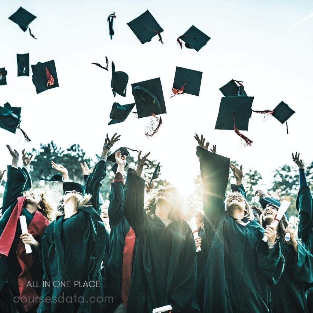 Graduates throwing caps joyfully. Bright sunlight enhances celebration. Green gowns and diplomas visible. Expressions of happiness and achievement. Clear blue sky in background.