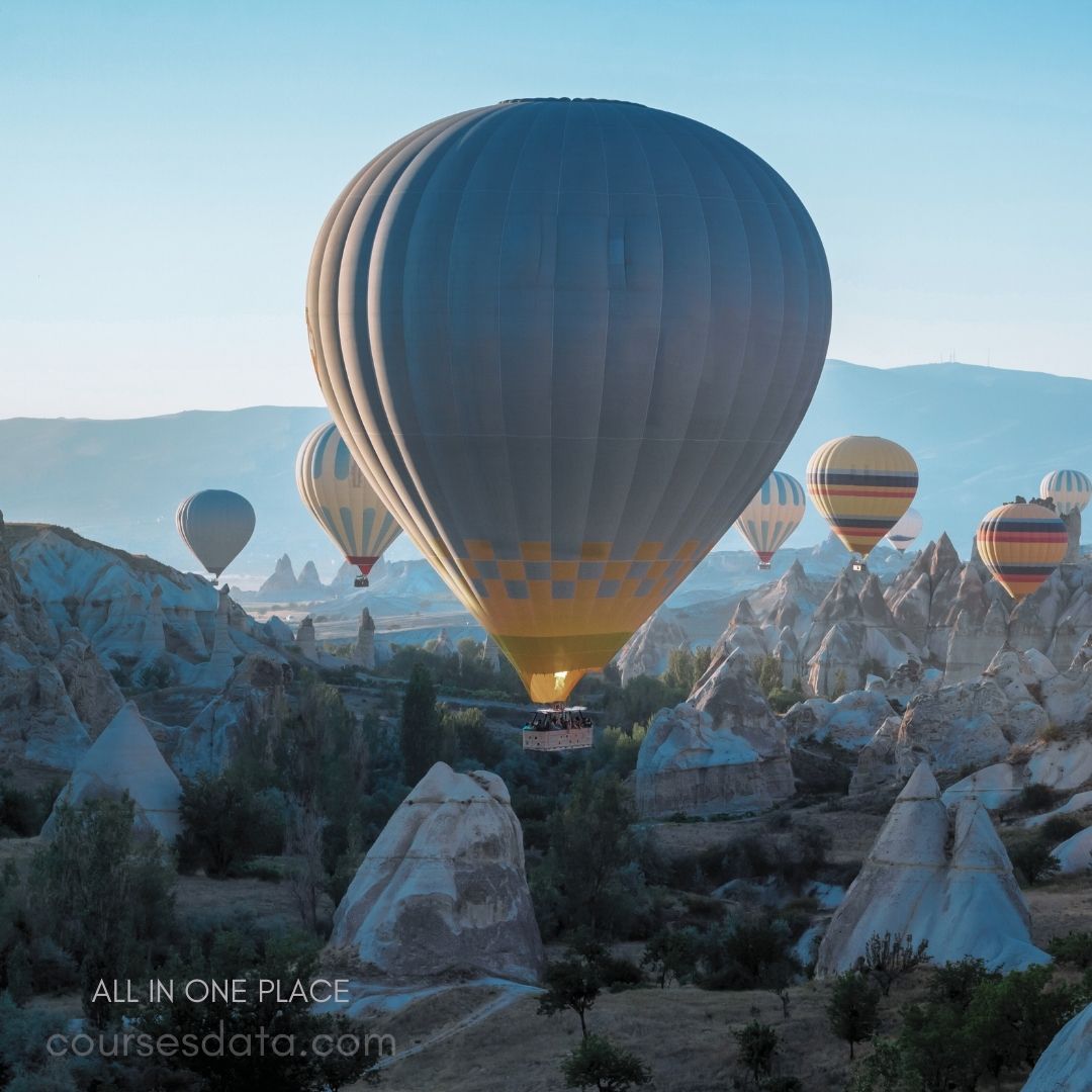 Hot air balloons flying. Unique rock formations below. Clear blue sky backdrop. Early morning light. Scenic landscape view.