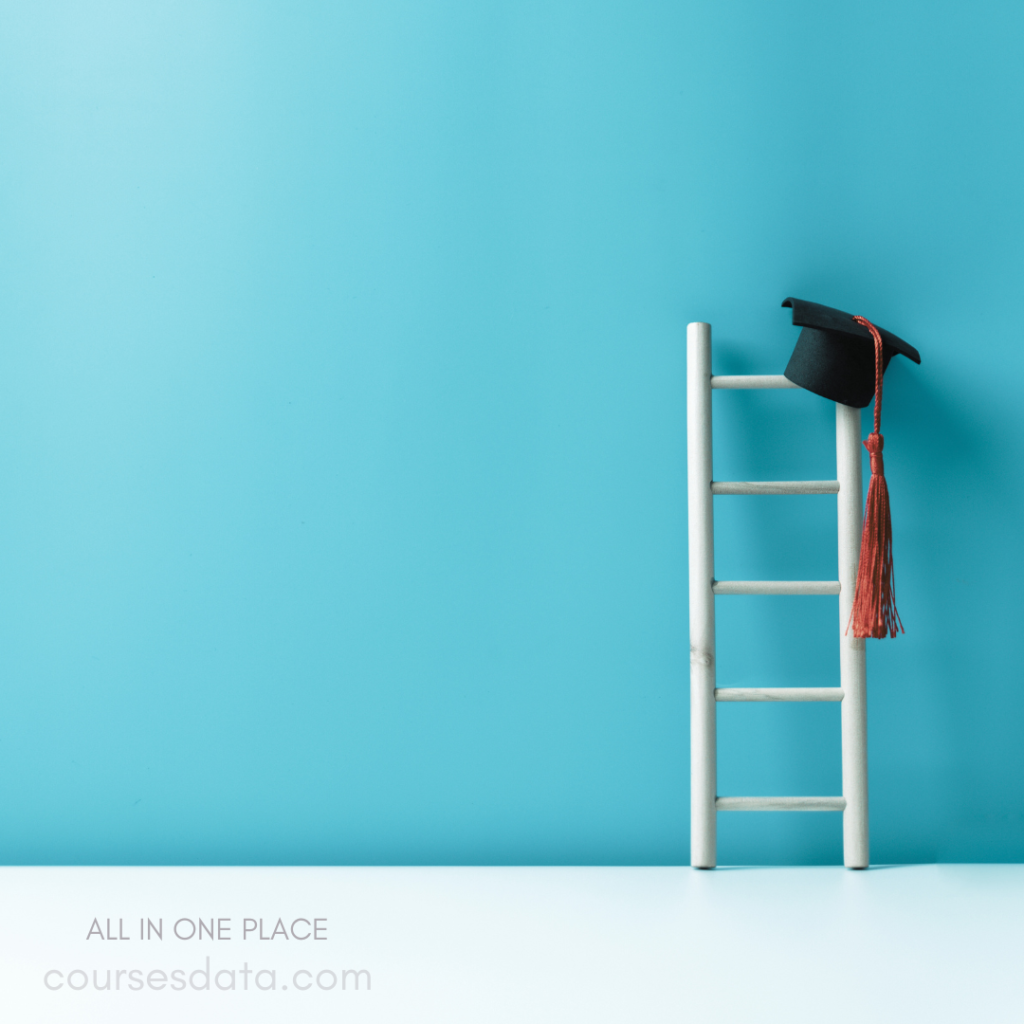 Graduation cap on ladder. Bright blue background. White ladder, minimalist design. Coursesdata.com branding visible.