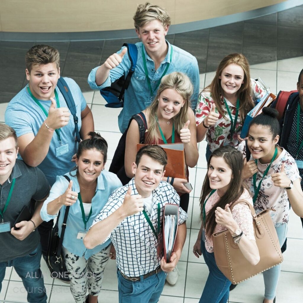 Group of smiling teenagers. Giving thumbs-up gestures. Diverse backgrounds and styles. Carrying books and backpacks. Bright and cheerful atmosphere.