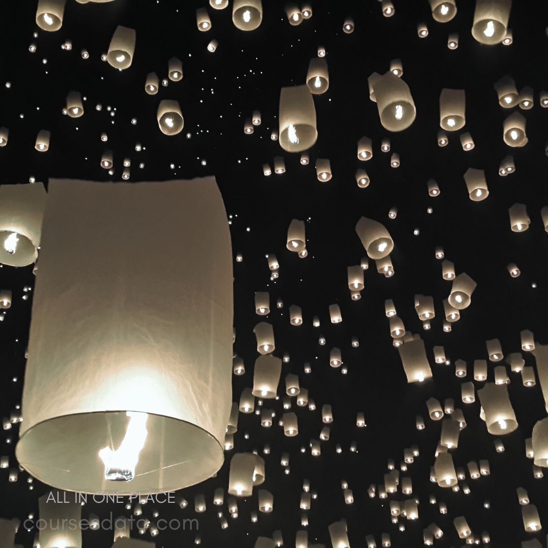 Sky filled with floating lanterns. Soft glow illuminating darkness. Dreamy night atmosphere.✨