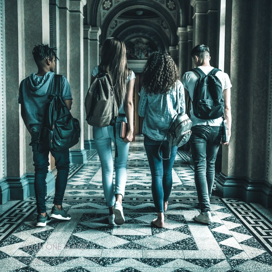 Group of students walking away. Casual attire and backpacks. Intricate tiled floor pattern. Historic, arching hallway architecture. Natural light illuminating scene.
