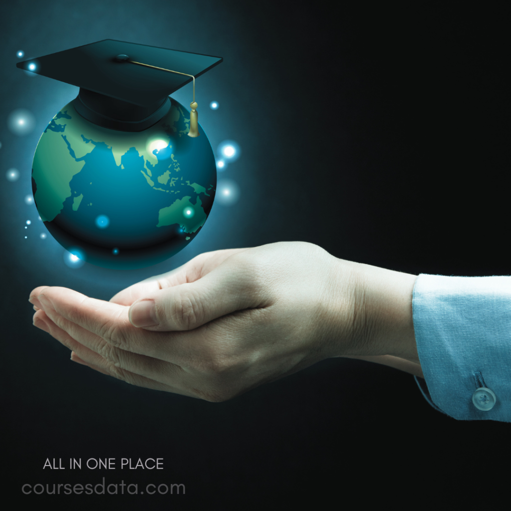 Hand holding globe with graduation cap.