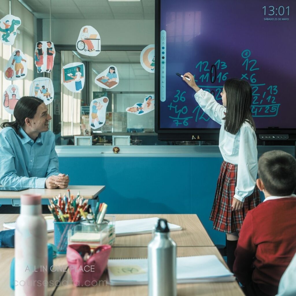 Child teaching at smart board. Adult observing with smile. Colorful educational decorations visible. Classroom setting with supplies. Engaged learning moment captured.