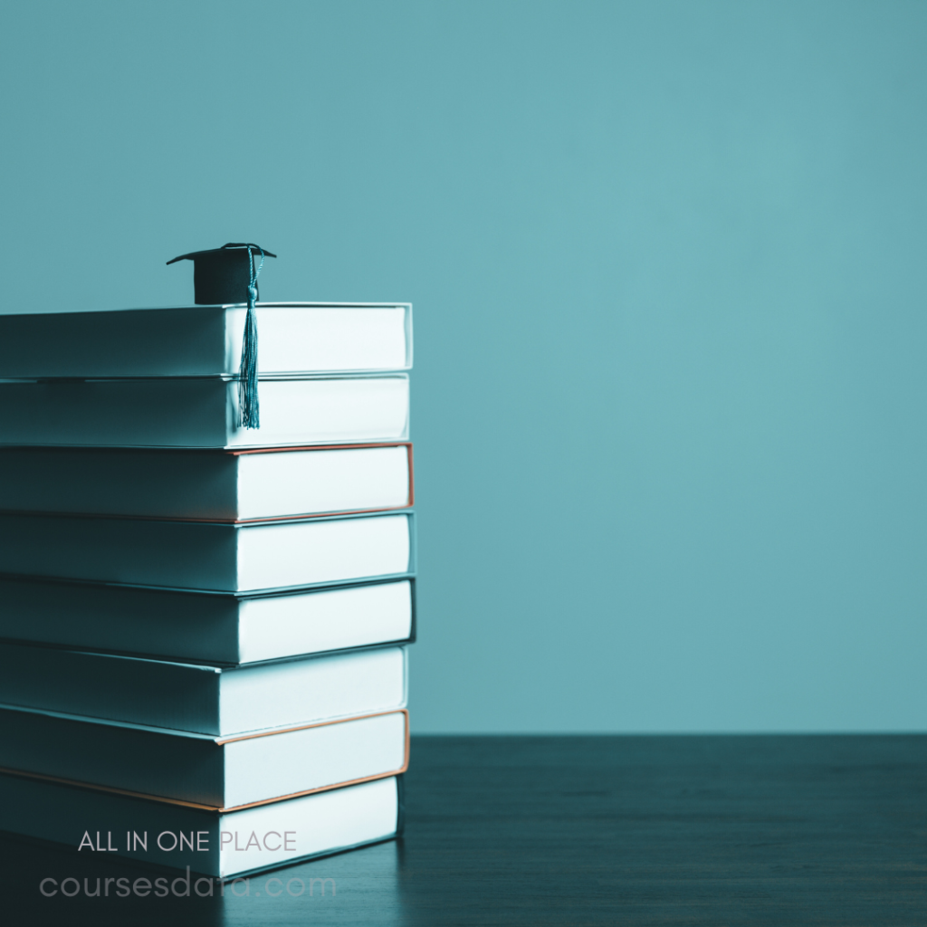 Stack of books, graduation cap.