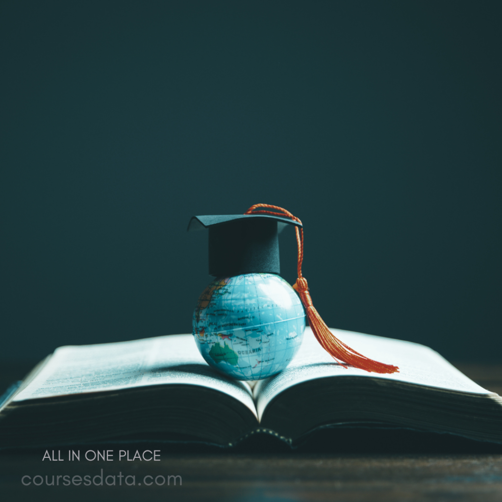 Graduation cap on globe. Open book. Dark background. Educational theme. Courses data logo.