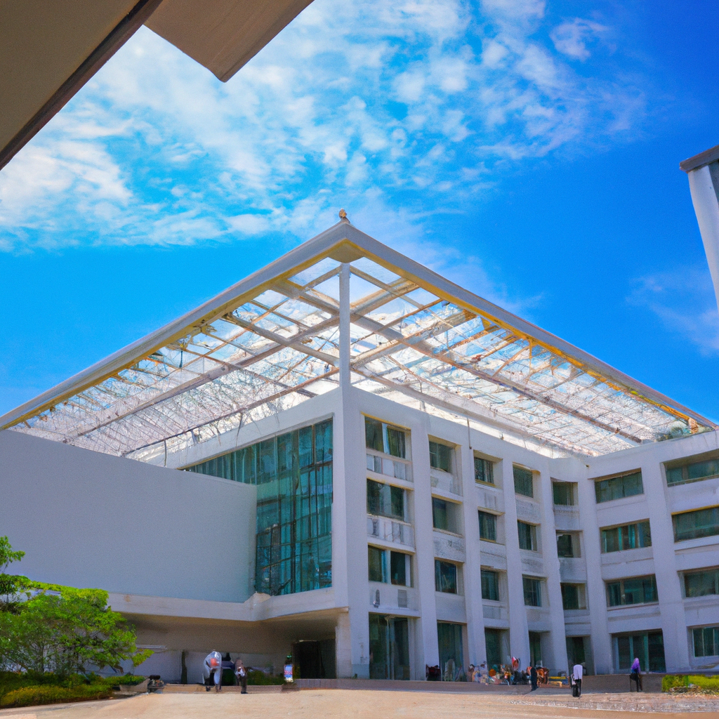 Modern building with glass rooftop.