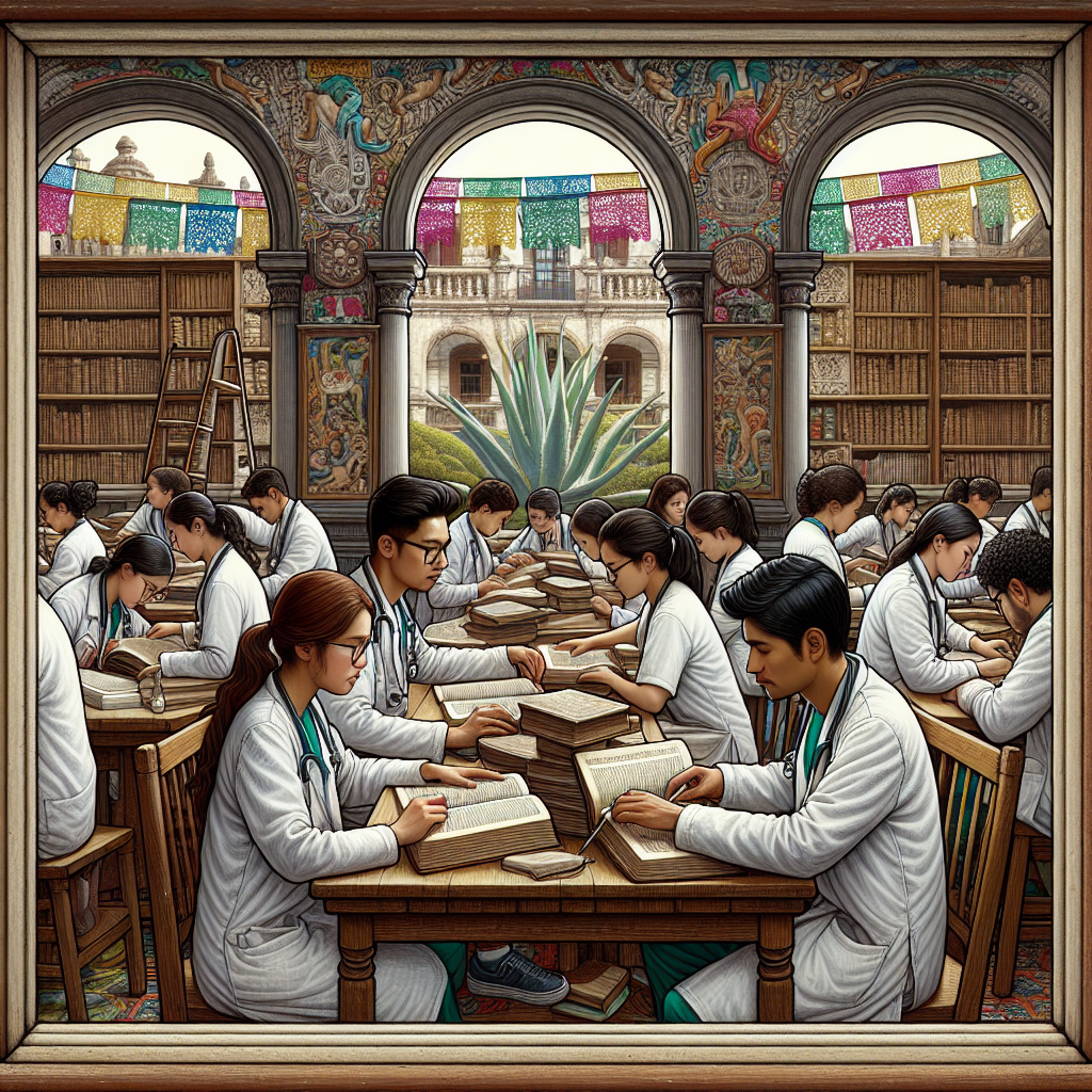 Medical students studying in library.