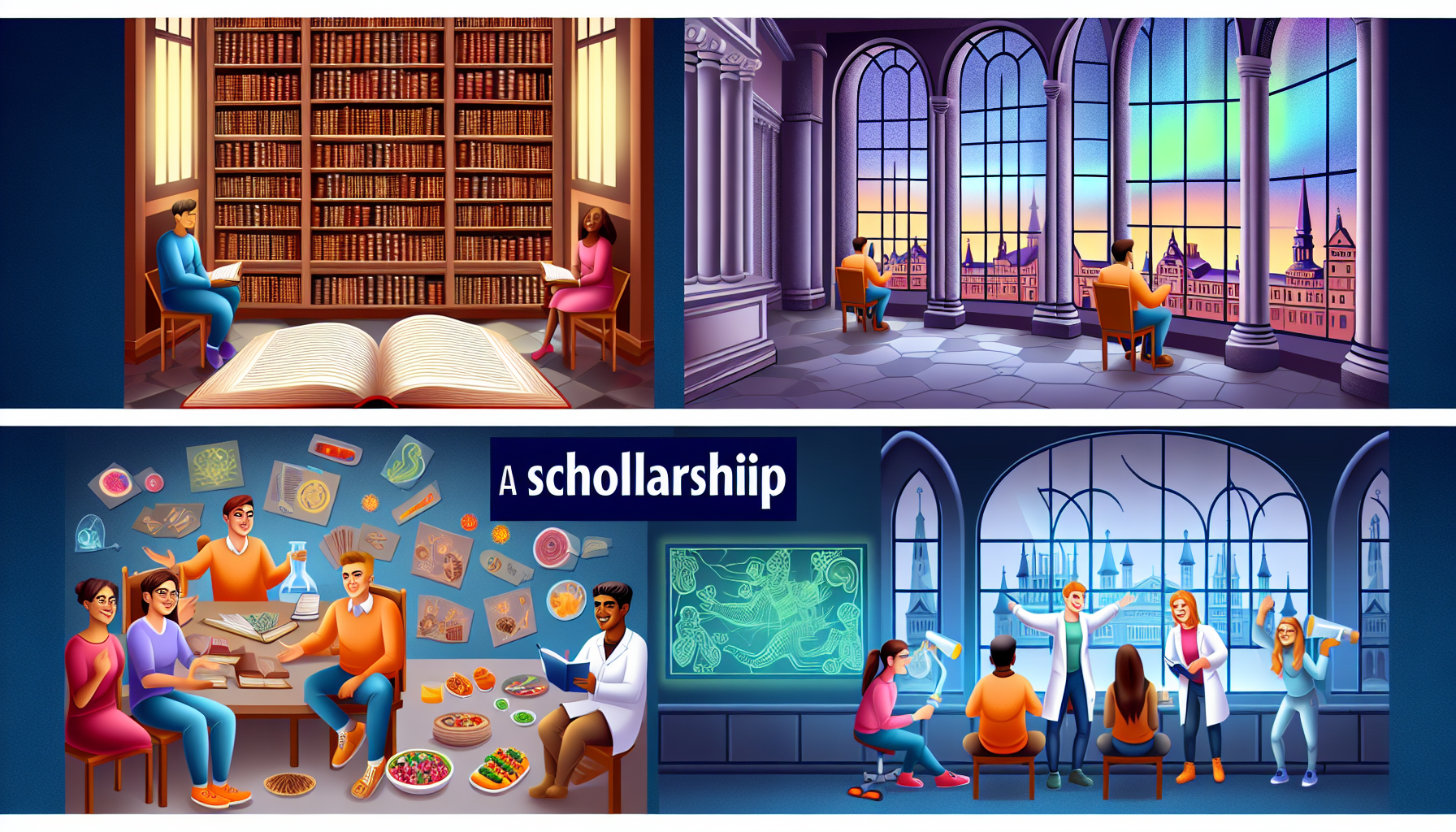 Educational scenes highlighting scholarship opportunities.