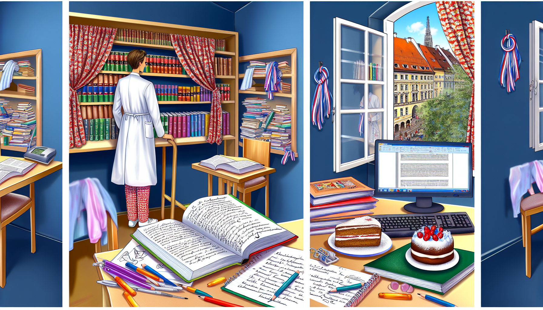 Studious scene with colorful decor.