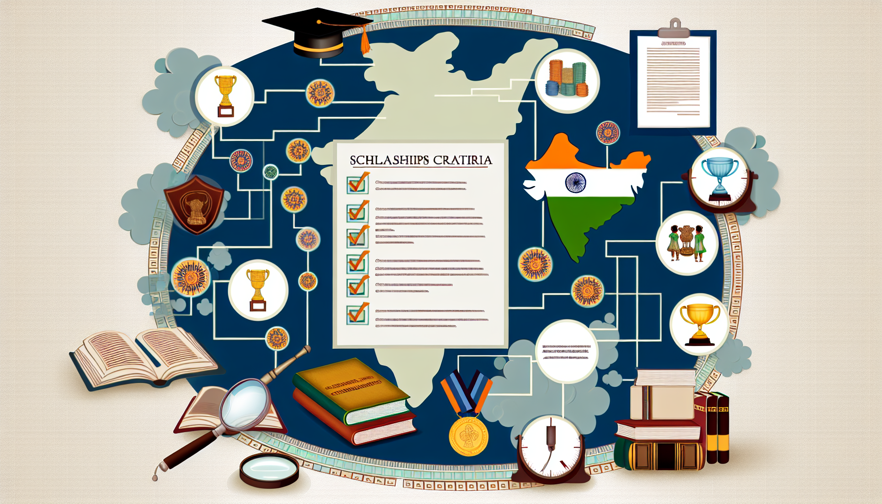 Scholarship criteria and resources infographic.