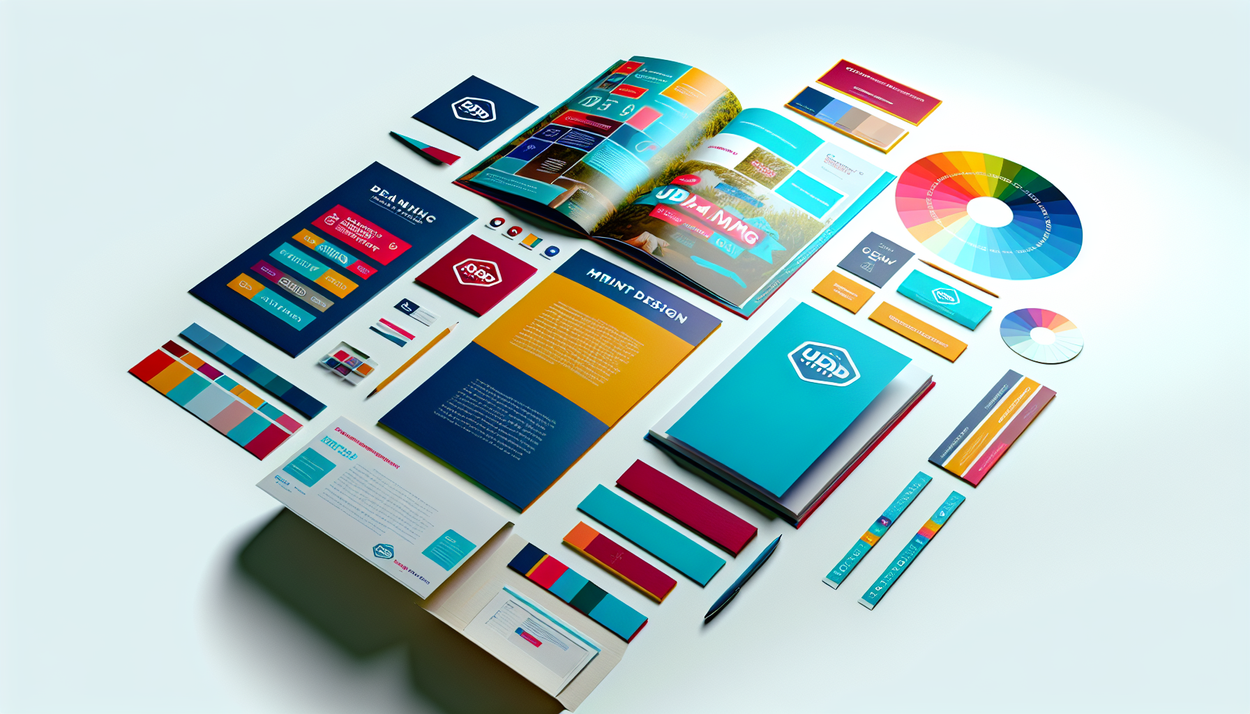 Colorful branding and marketing materials.