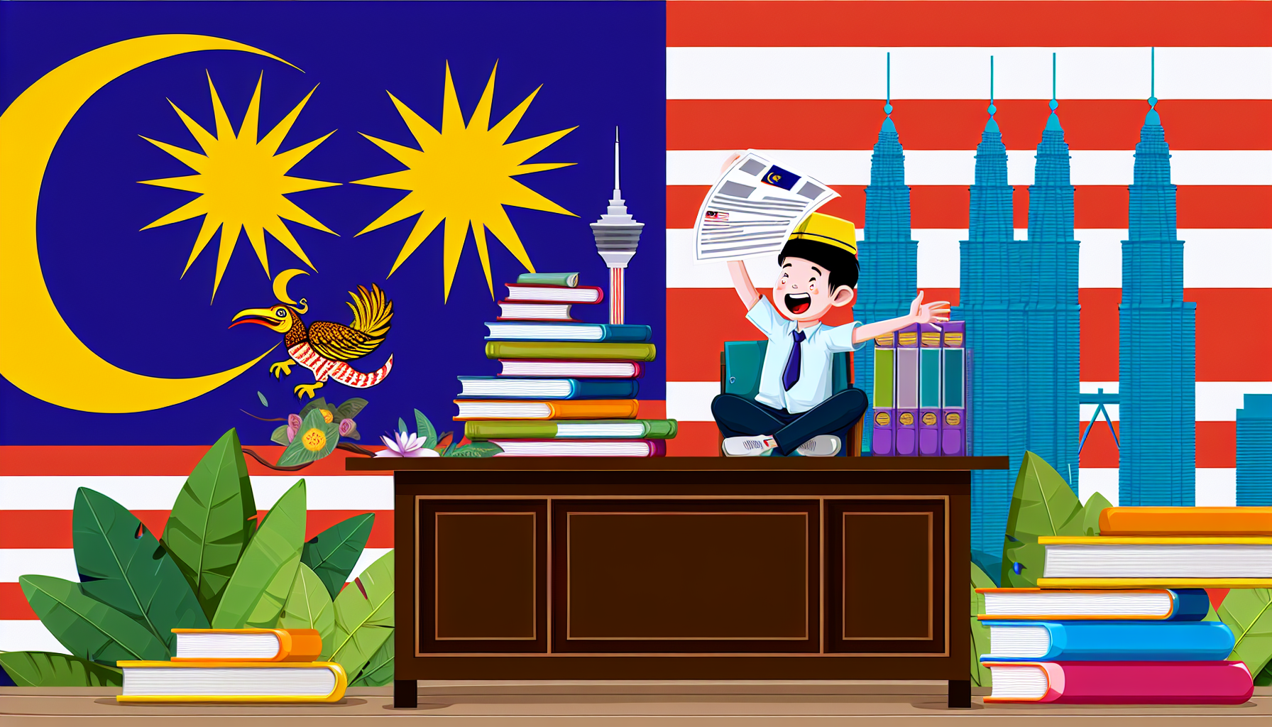 Child celebrating with Malaysian symbols.