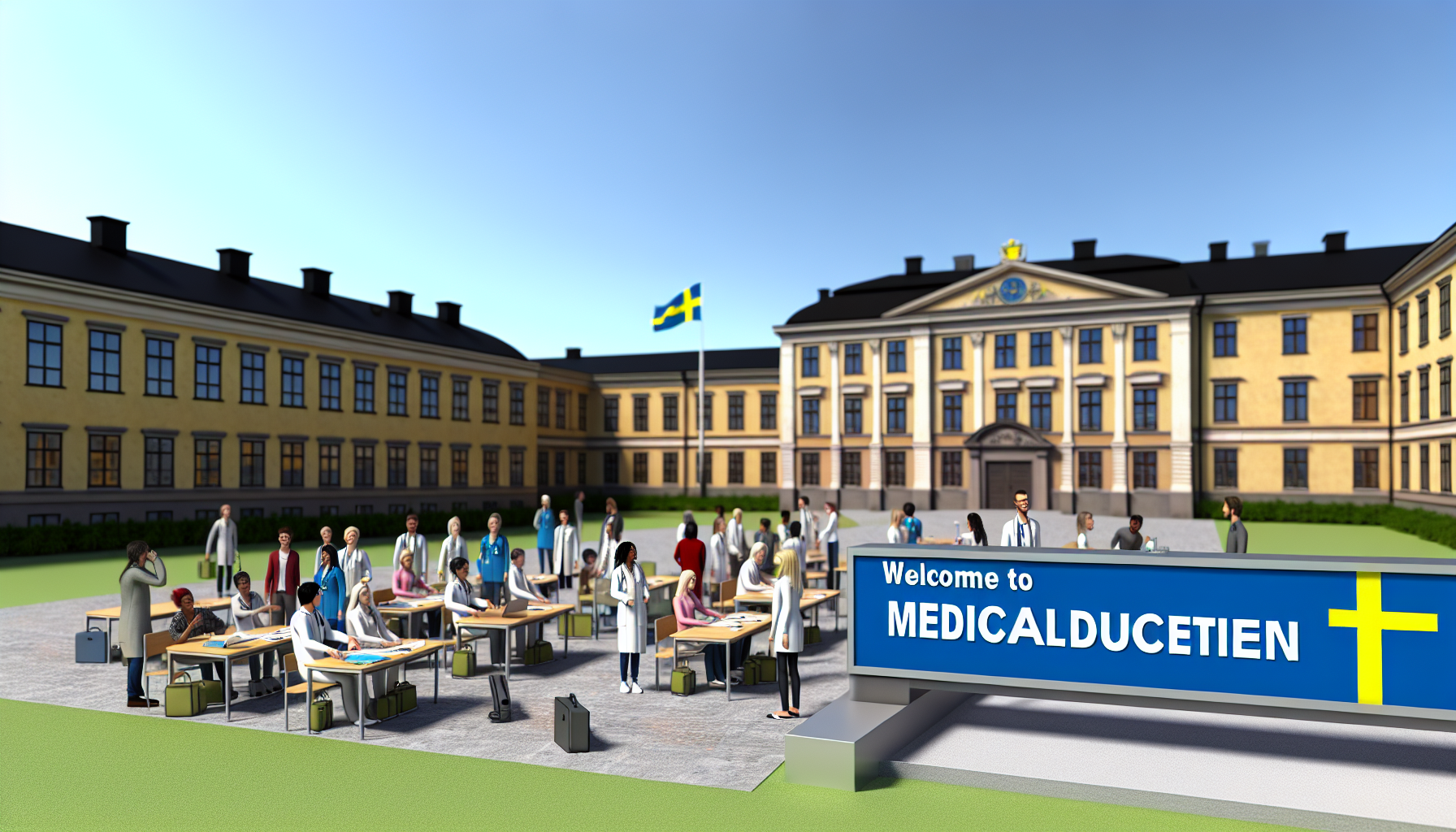 Medical campus with students gathering.