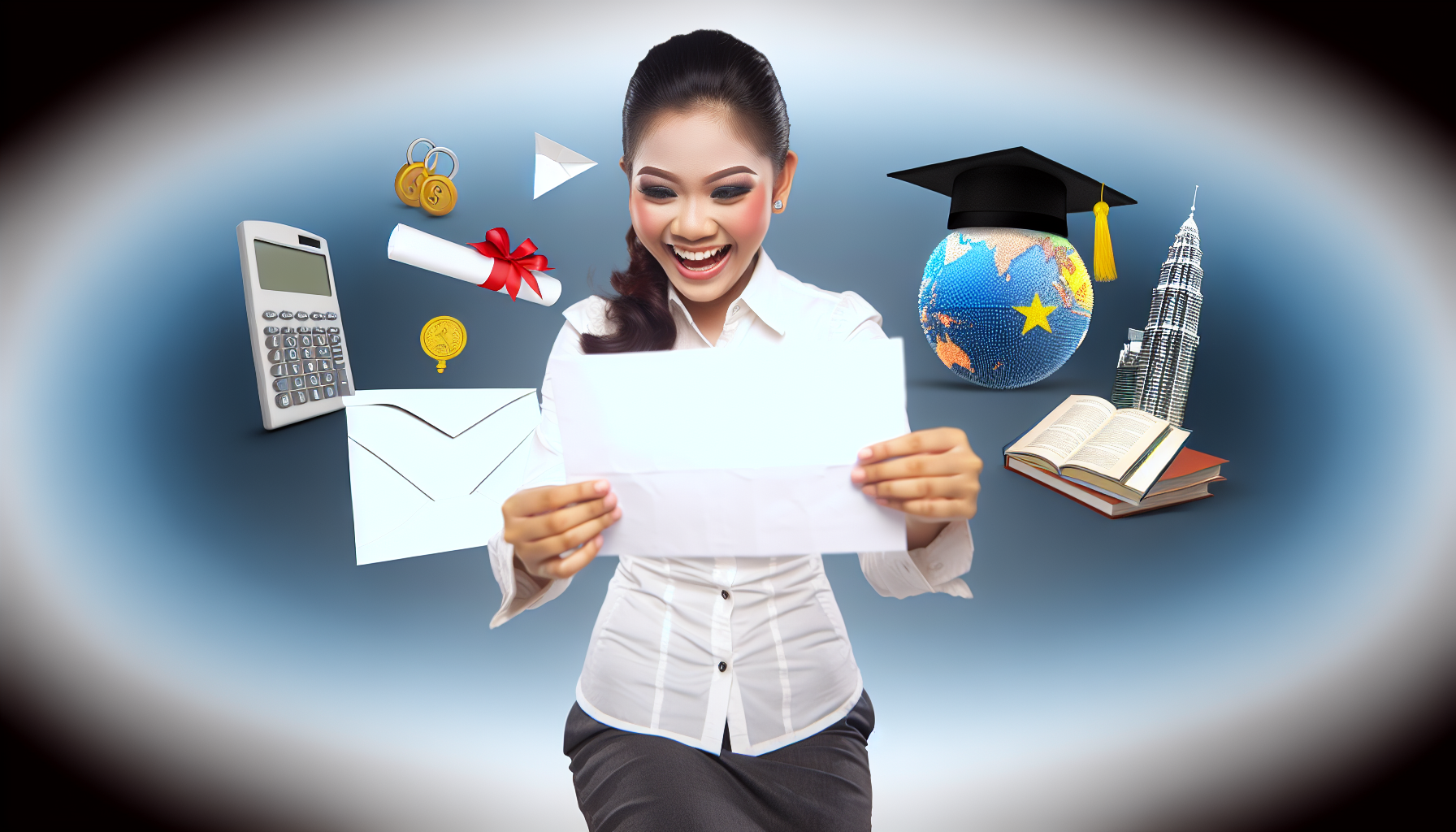 Excited woman reading letter, education.