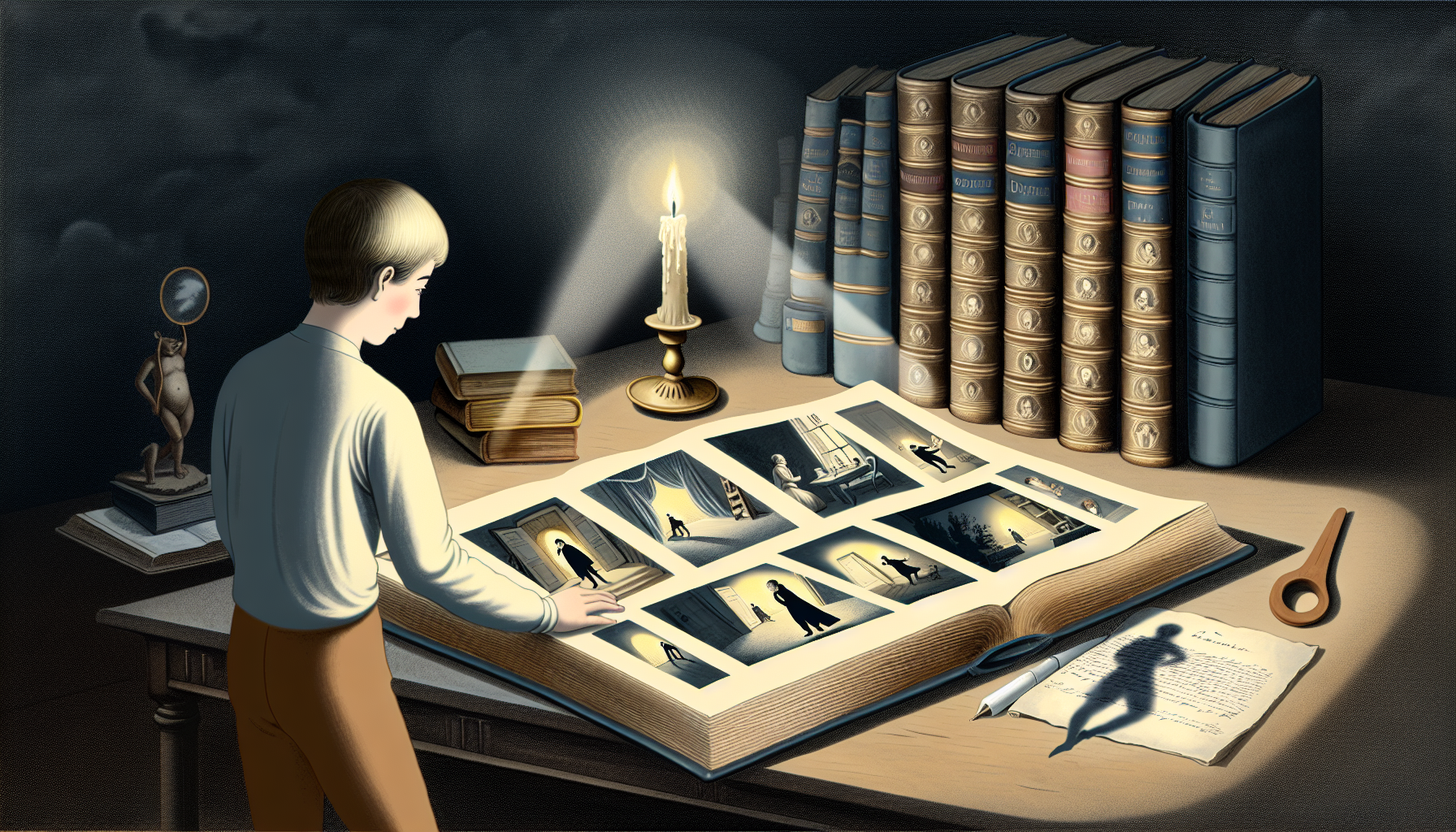 Boy examining book illustrations.