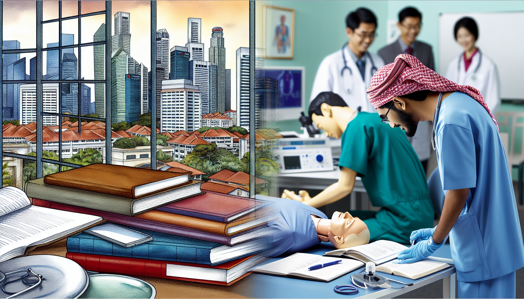 Medical training with city backdrop.