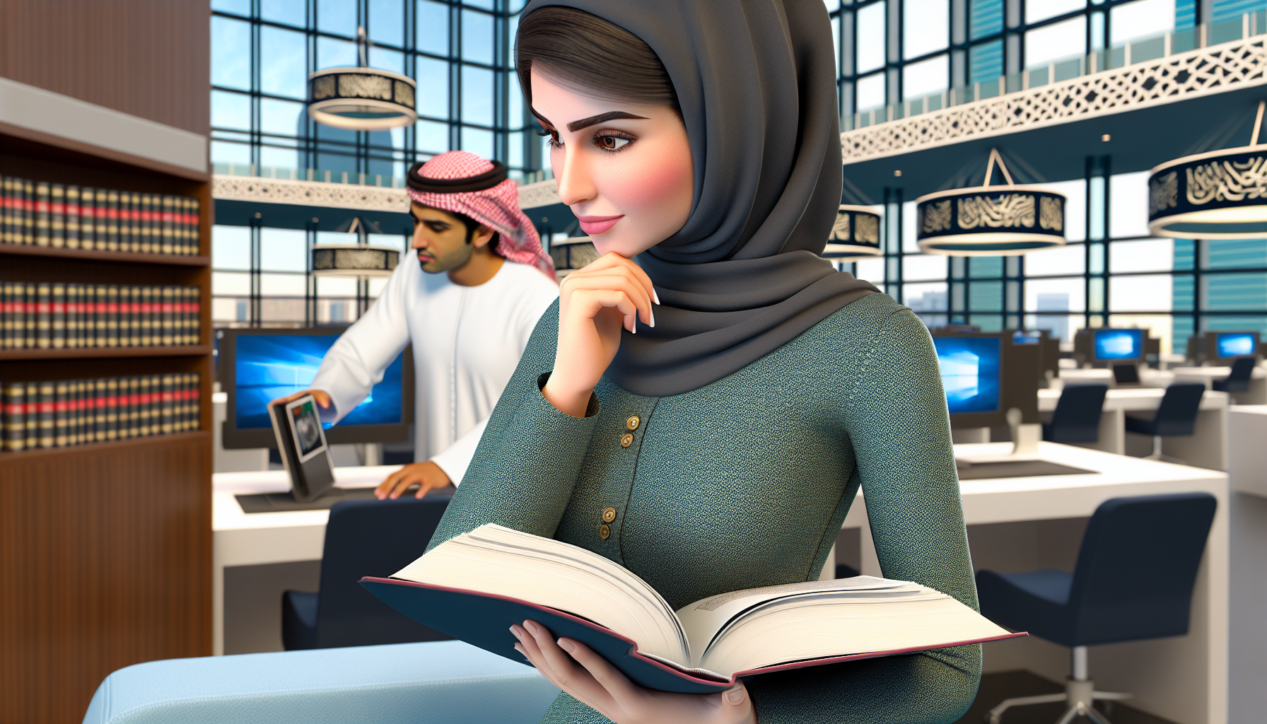 Woman reading in modern library.