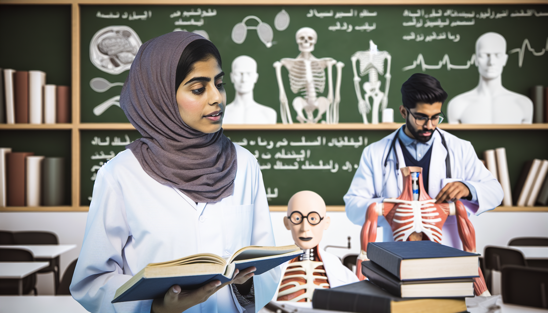 Medical students studying in classroom.