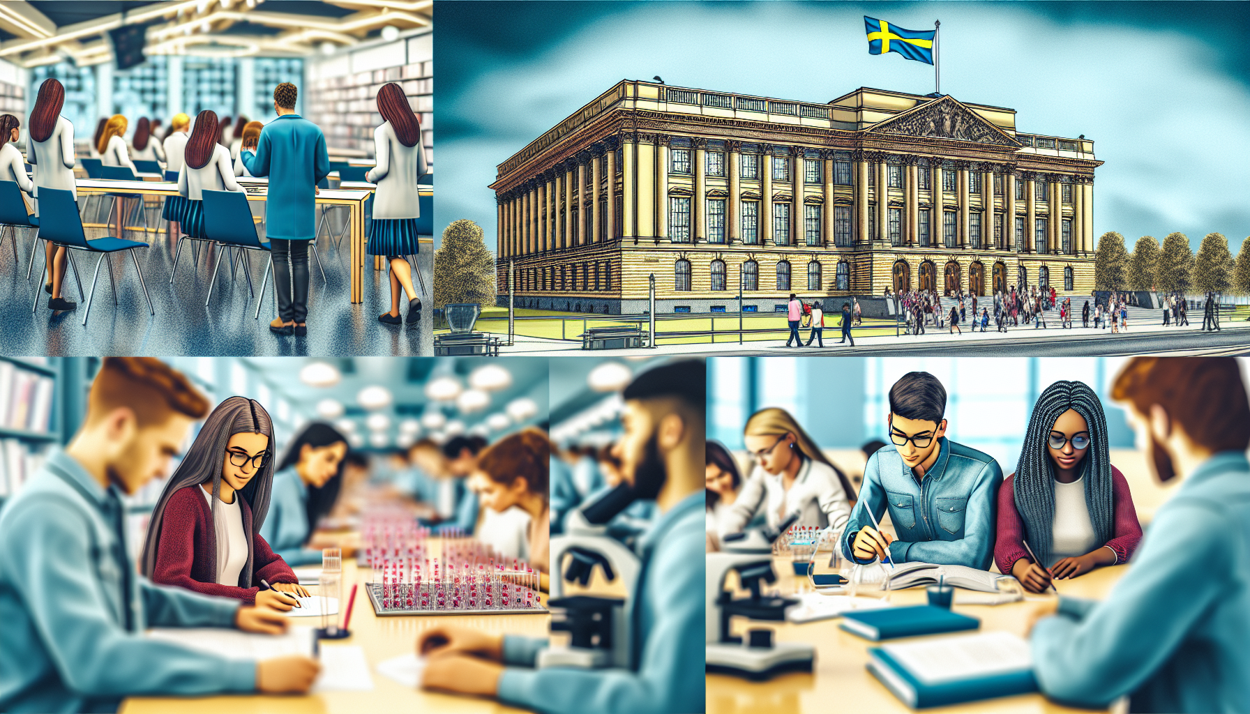 Students studying near iconic building.