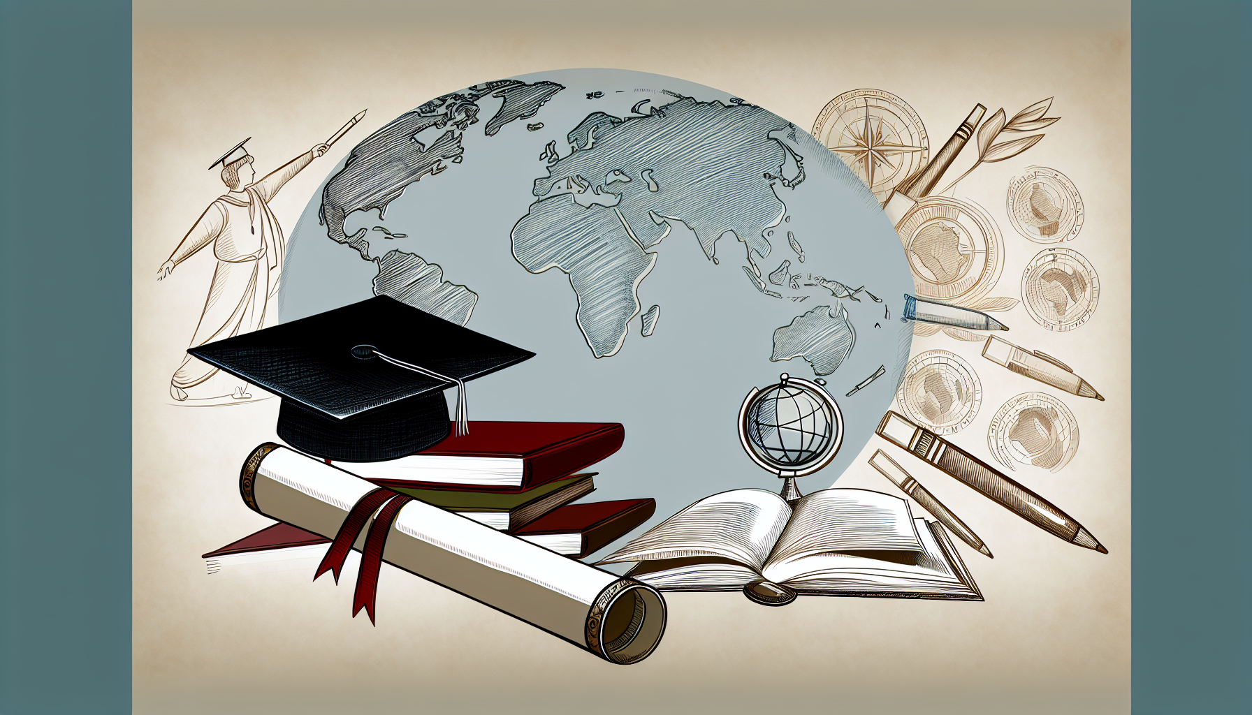 Graduation, globe, books, education elements.