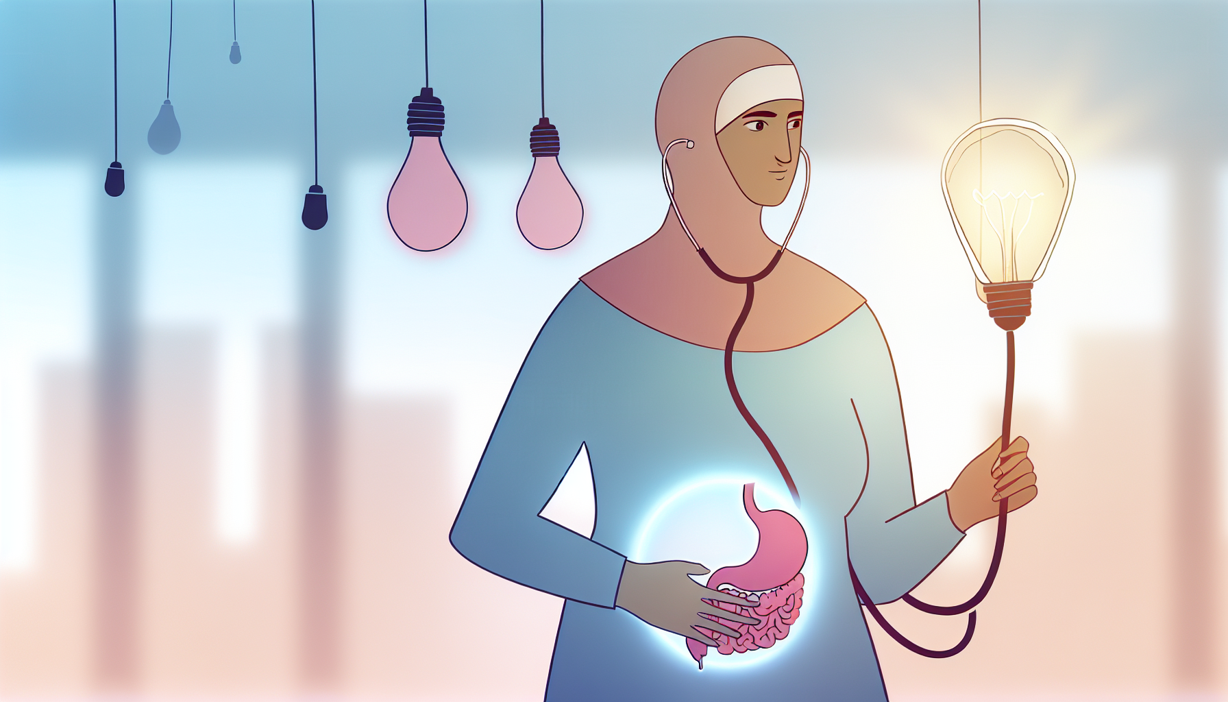 Woman with light bulb and stomach.