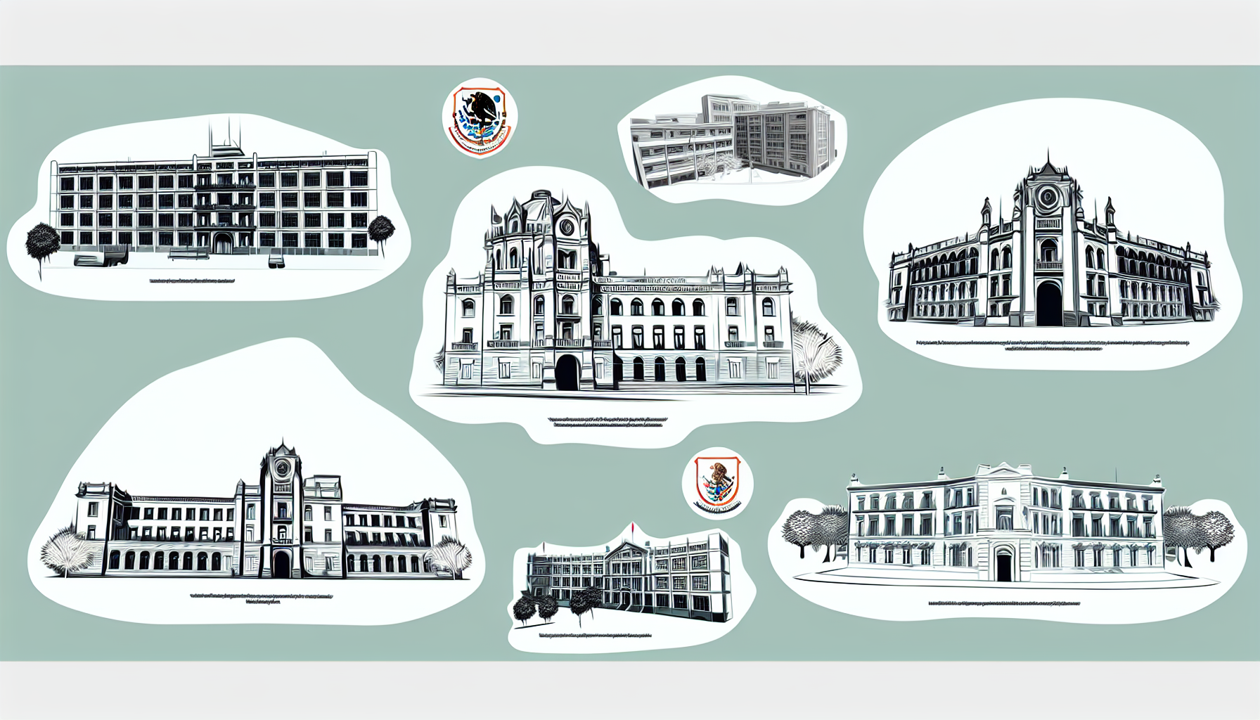 Illustrations of historic buildings.