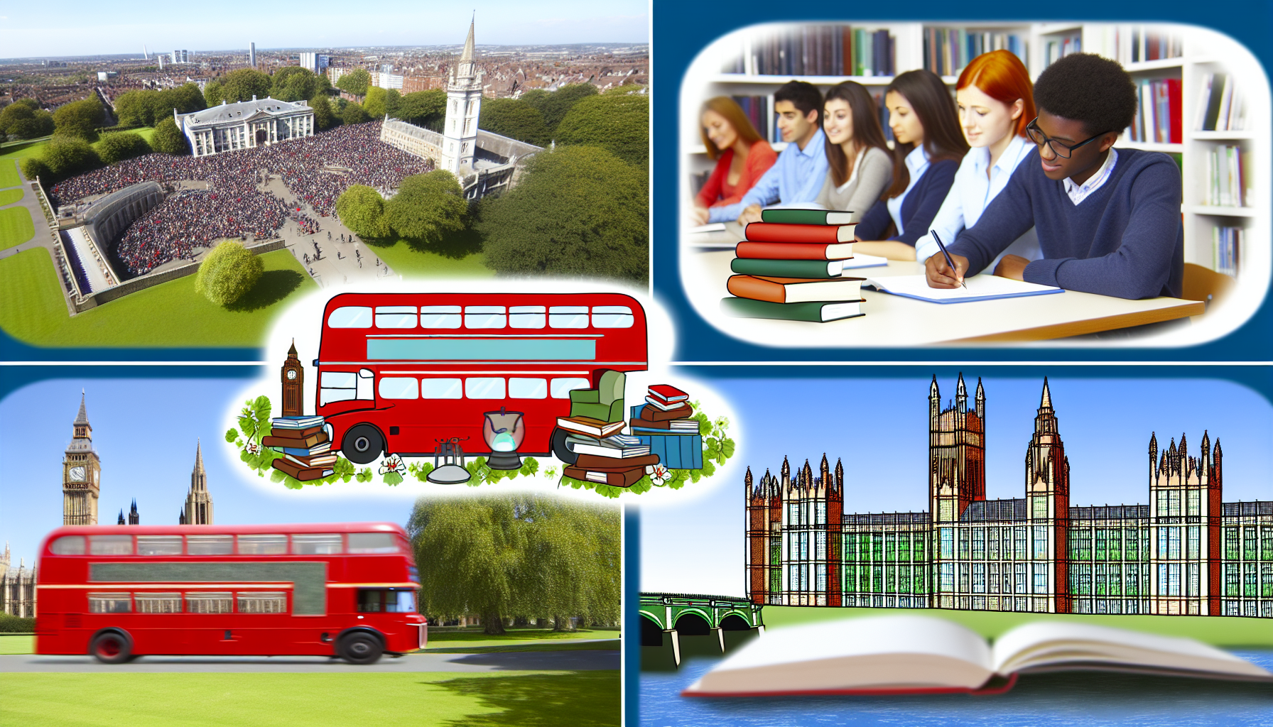 University campus, study, red bus, landmarks, books.