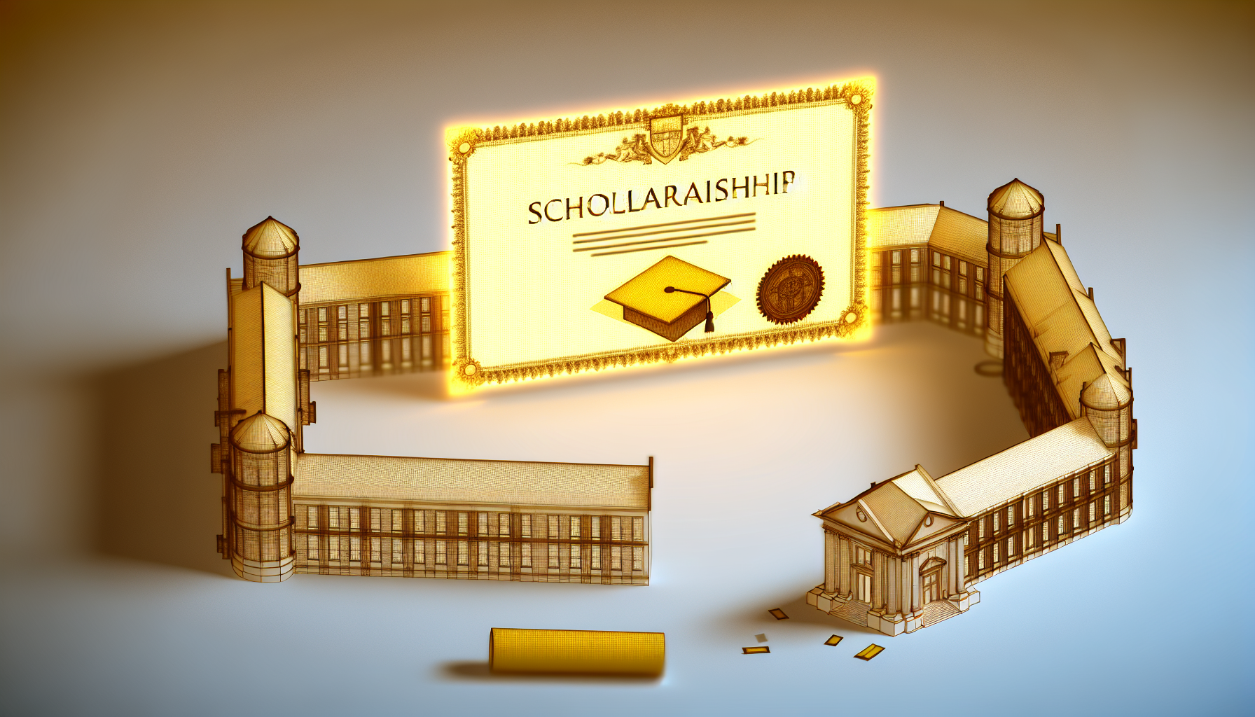 "Scholarship certificate surrounded by buildings."