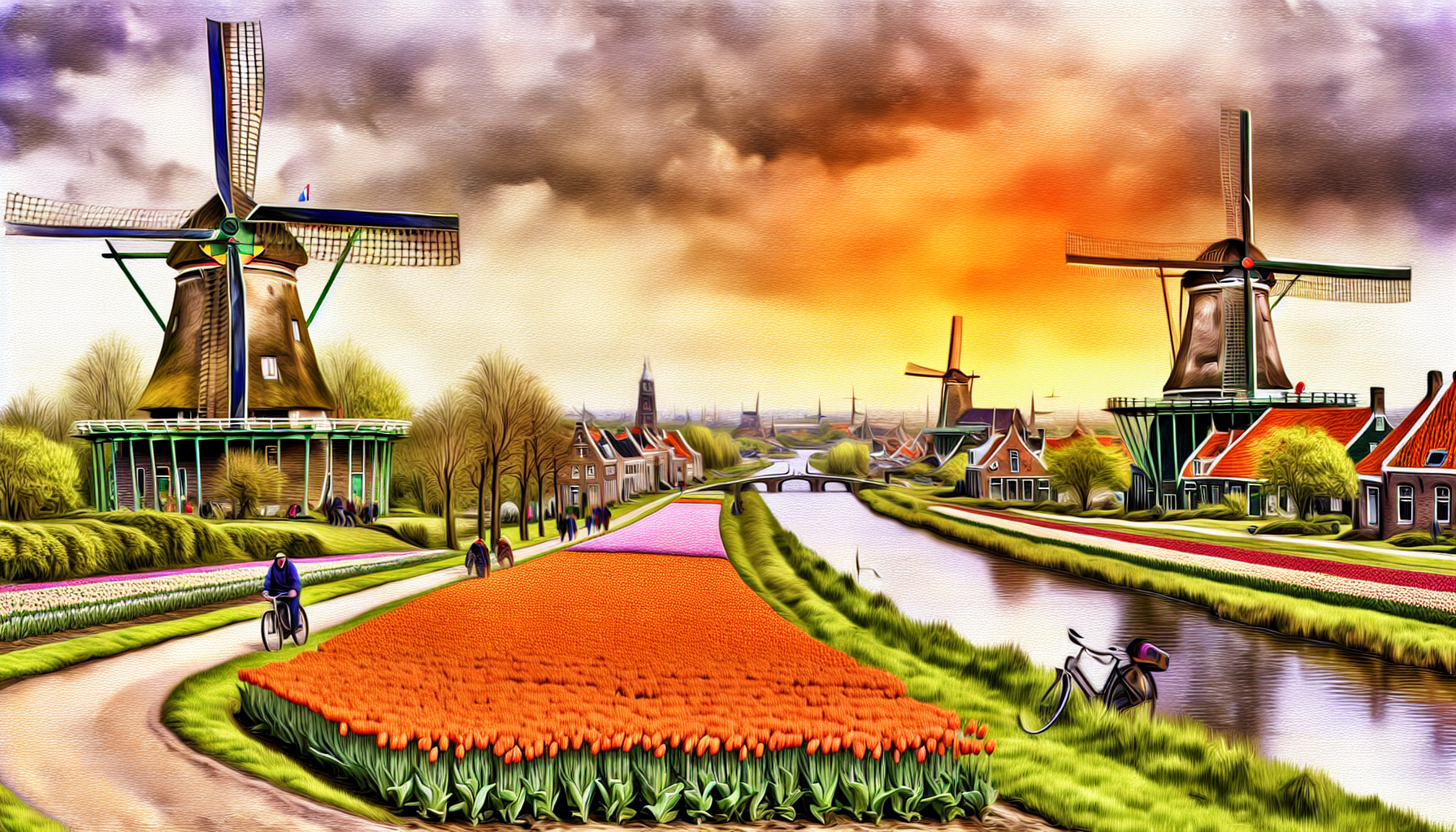 Colorful tulip fields and windmills.