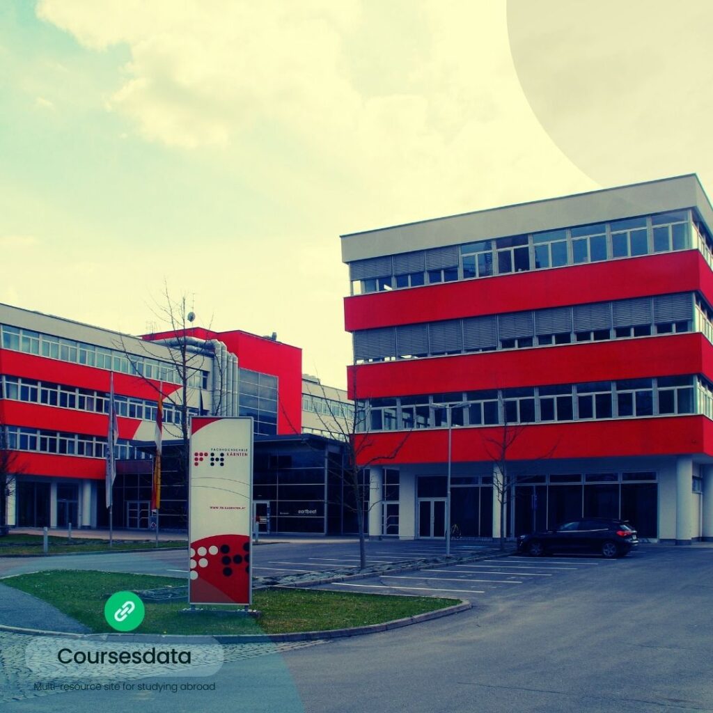 Modern university buildings with signage.