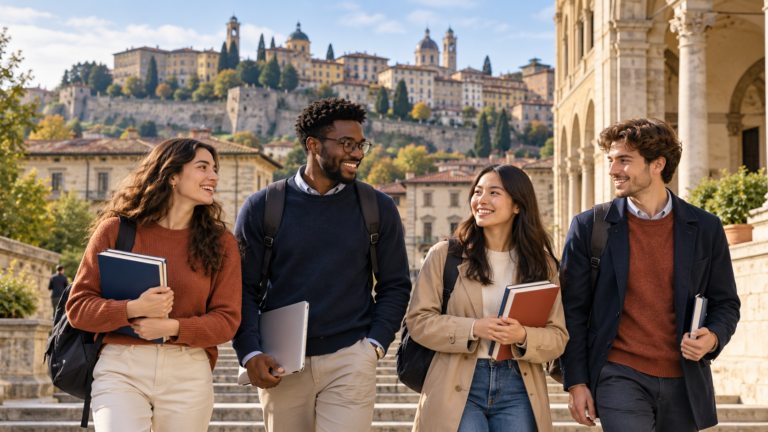 International master's students on a university campus in Bergamo