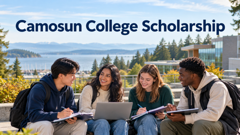 Camosun College scholarship guide with international students studying on a coastal campus