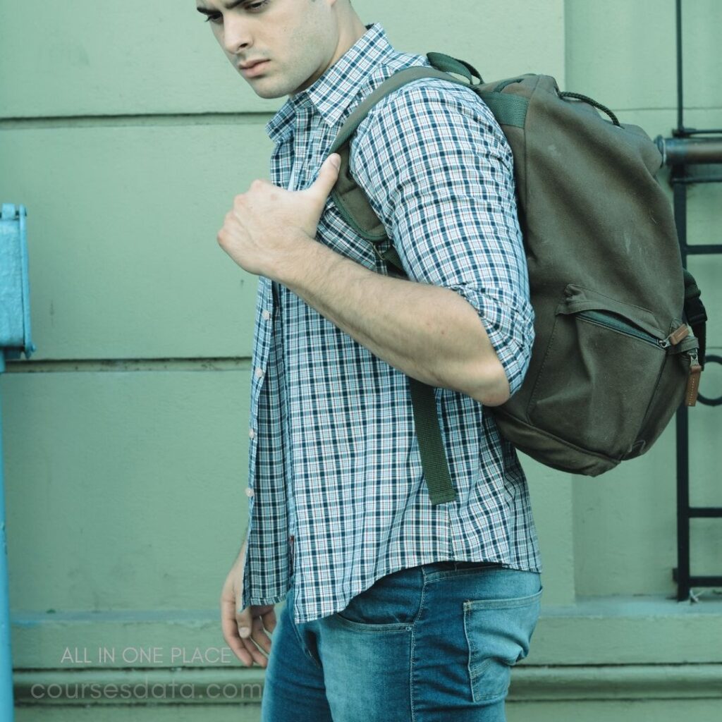 Young man with backpack. Plaid shirt, jeans. Standing against green wall. Serious expression, thoughtful pose.