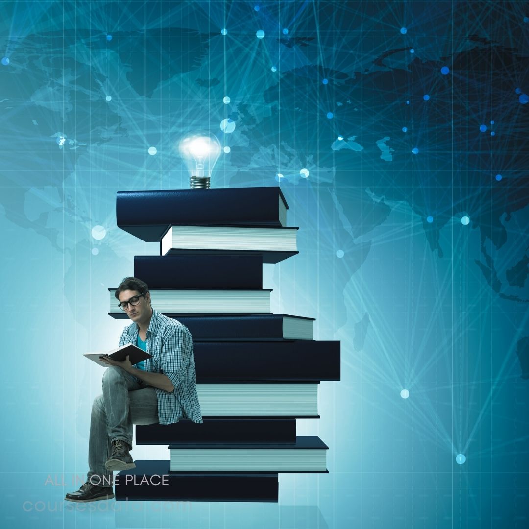 Student reading on books. Illuminated light bulb above. Digital world map background. Blue and teal abstract design. Casual attire and glasses.