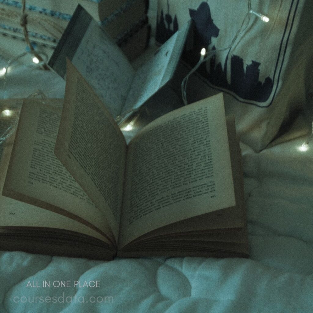 Open book on bedding. Fairy lights in background. Soft, cozy reading atmosphere.