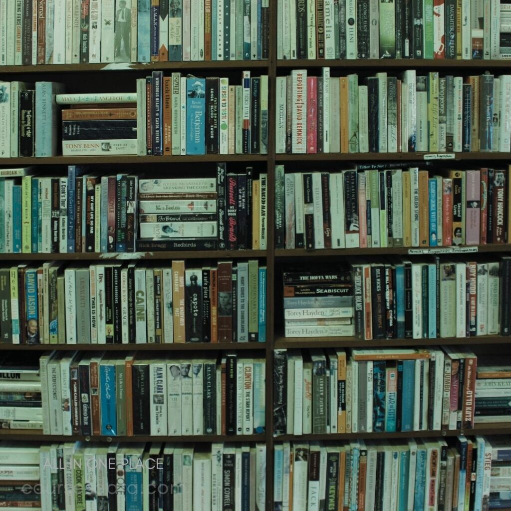 Bookshelves filled with various books.