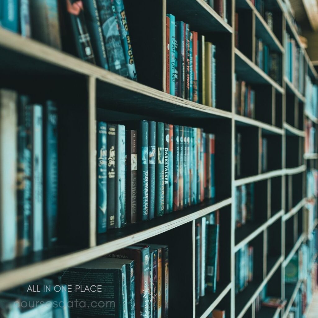 Bookshelves filled with colorful books.