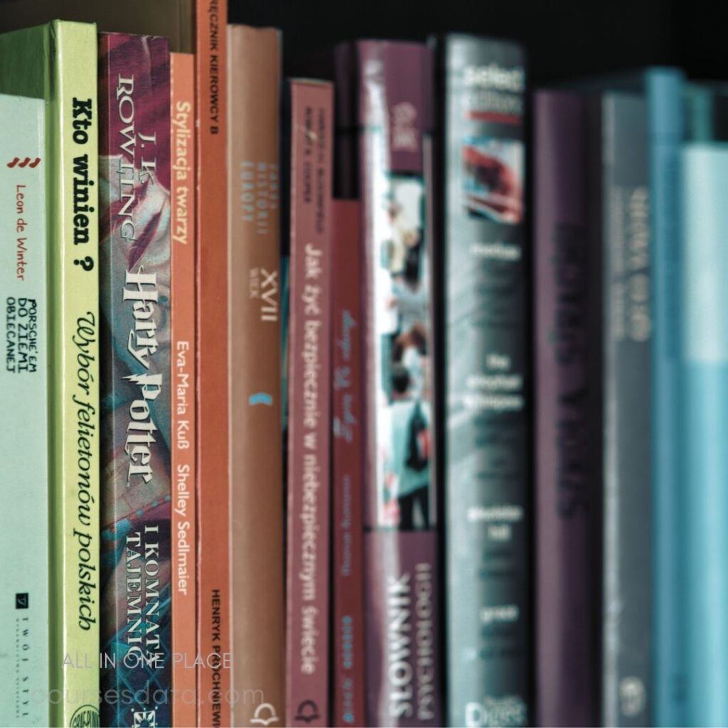 Books on a shelf, various colors. "Harry Potter" prominently displayed. Titles in Polish and English. Organized, slightly blurred background.